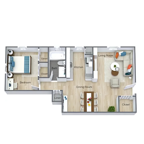 A floor plan of a house with a living room, dining room, kitchen, and bedrooms.